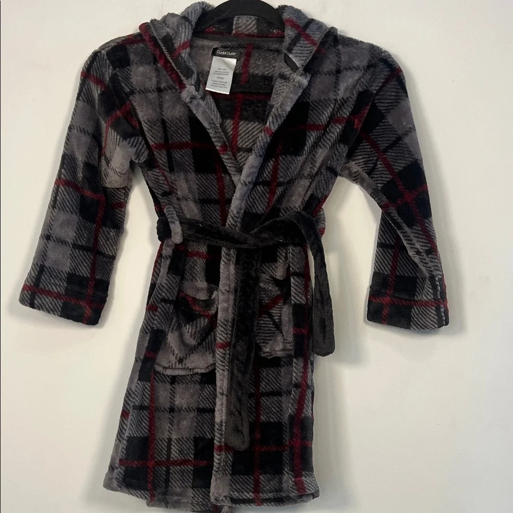 Cuddl Duds Kid's Gray Black Red Plaid Fleece Cozy Robe Unisex Size‎ Small